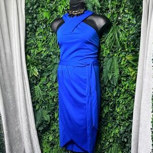 Hanna Nikole Dress Size 20W Royal Blue‎ Halter Neck Faux Wrap Midi 3231
